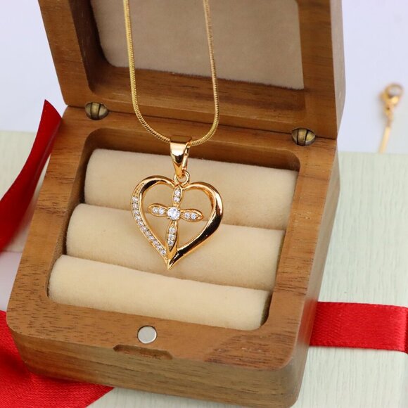 "Heart-Shaped Rose Gold Cross Pendant with Sparkling Accents, XPPT1326 - Picture 7 of 13